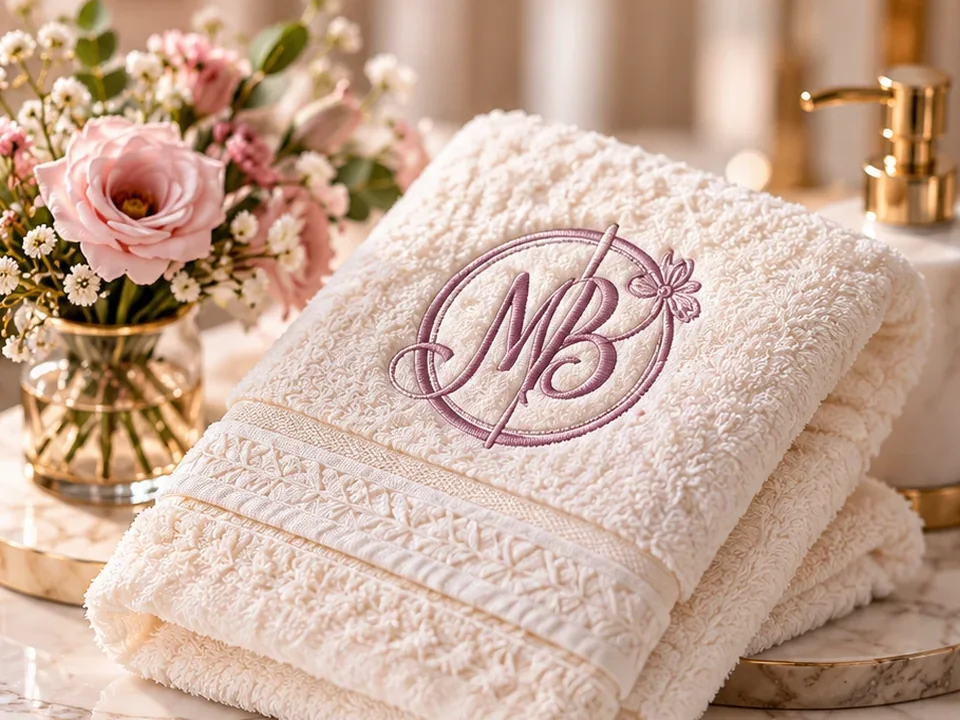 Toalha de lavabo creme dobrada com monograma bordado em lilás, ao lado de flores rosadas